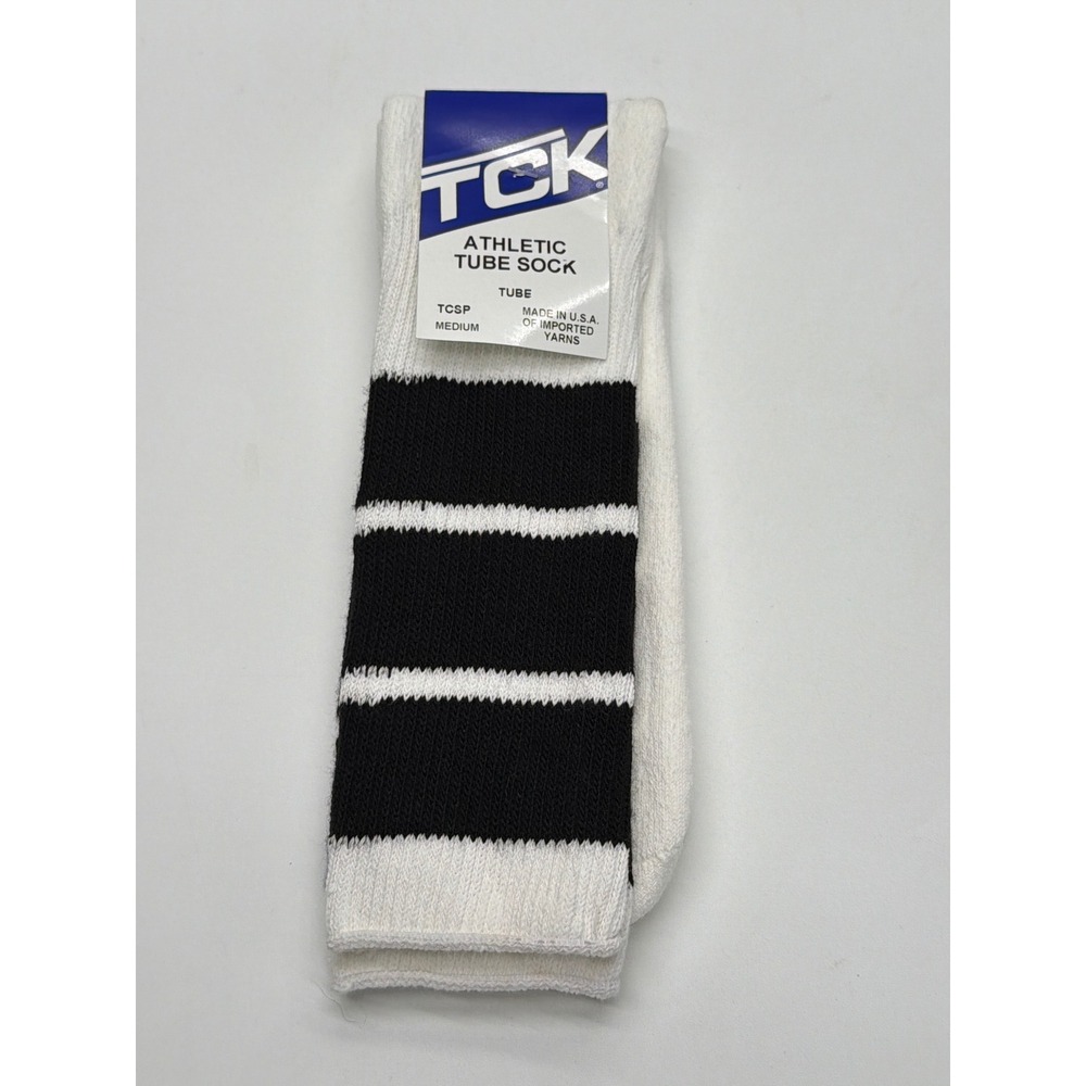 TCK Athletic Tube Socks Mens Medium White Black Striped TCSP Made in USA NEW